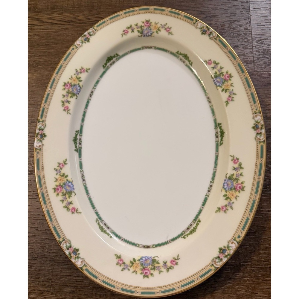 Vintage Noritake Alicia 13.5" Oval Serving Platter Cream Green Gold Trim Japan